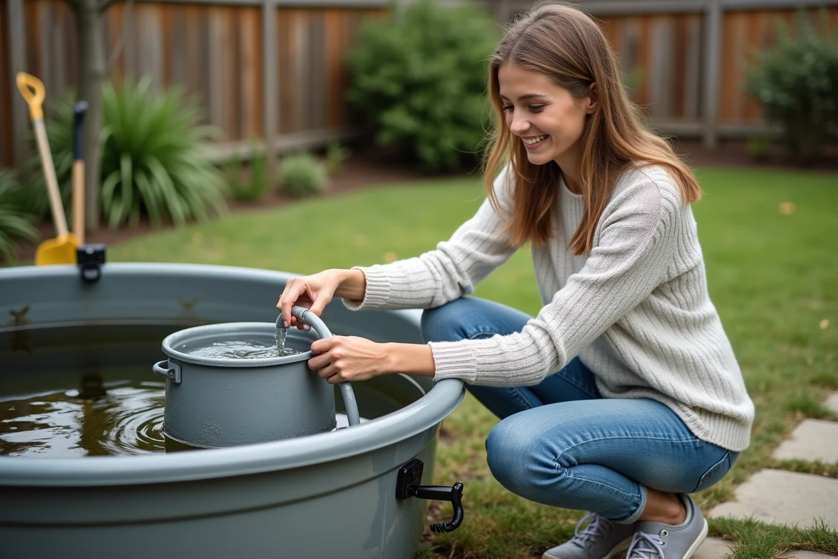 Jeune femme utilisant un siphon dans le jardin