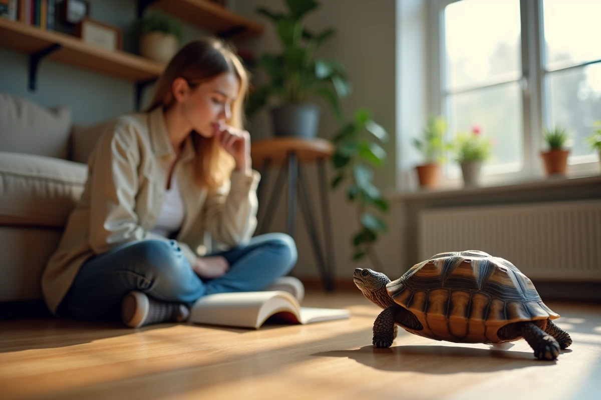 Jeune femme observant une tortue dans un salon chaleureux
