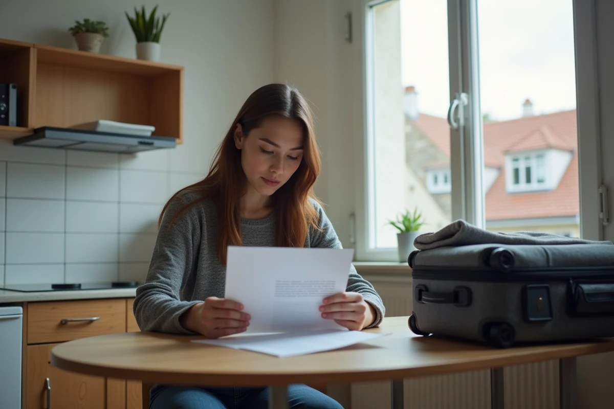 Jeune femme lisant une lettre dans sa cuisine