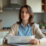 Femme lisant un journal dans une cuisine chaleureuse