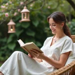 Femme lisant dans un jardin verdoyant en été