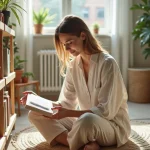 Jeune femme arrangeant livres et plantes dans un salon lumineux