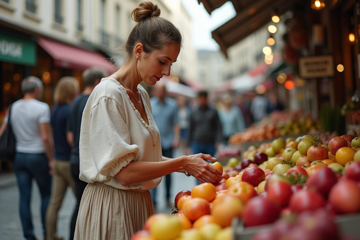 Femme achetant des pommes au marché de Montreuil