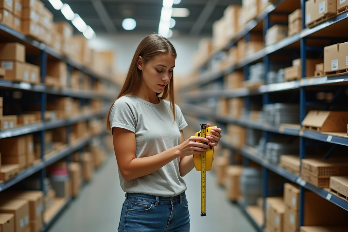 Jeune femme comparant des rubans à mesurer dans un magasin de bricolage