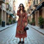 Femme élégante en robe à motifs dans une rue urbaine automnale