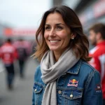 Femme en casual devant Zarco dans un paddock moto