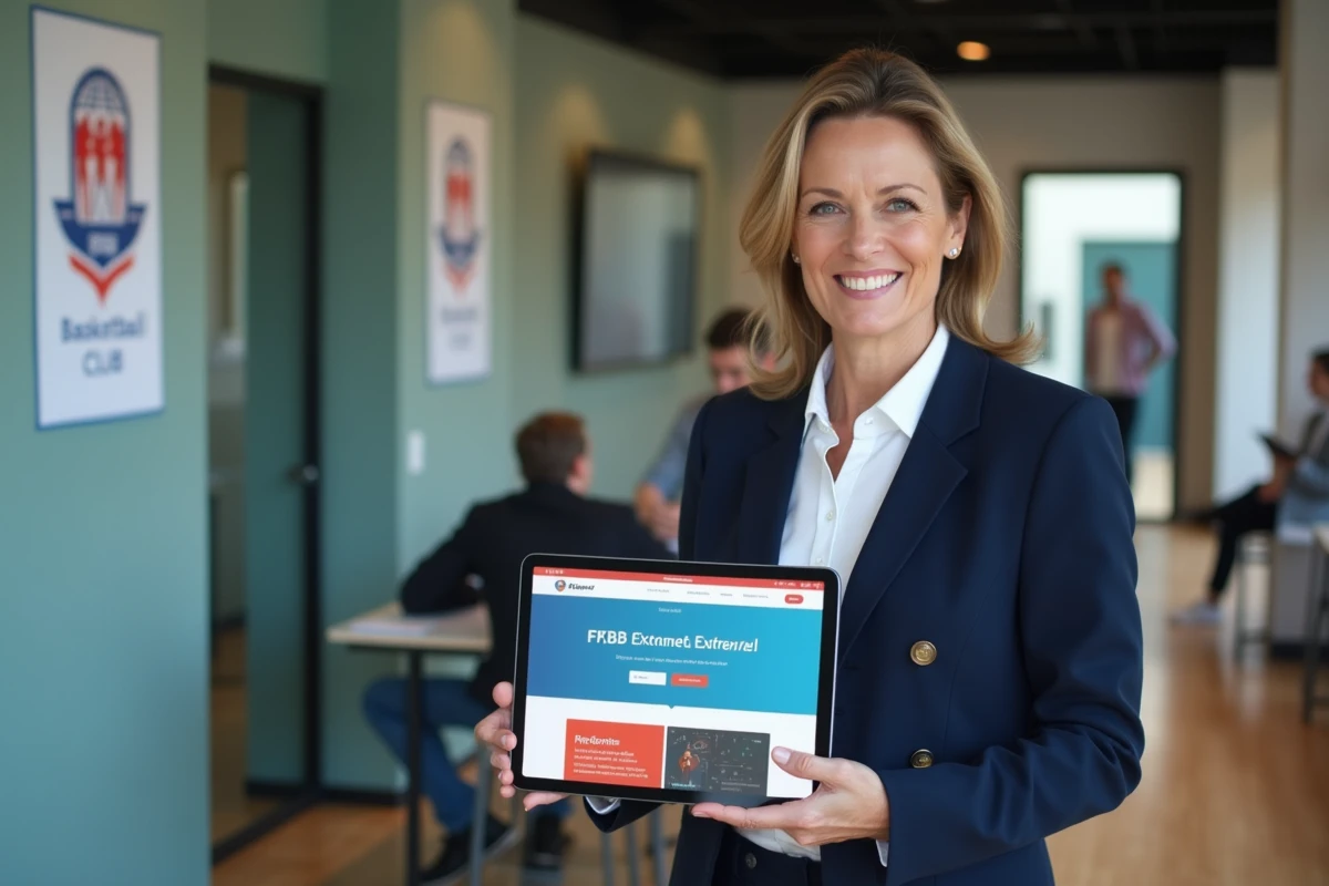 Femme en blazer tenant une tablette dans un bureau de basketball