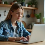 Jeune femme en denim compare notes sur son ordinateur