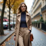 Jeune femme parisienne en trench beige et pantalon large