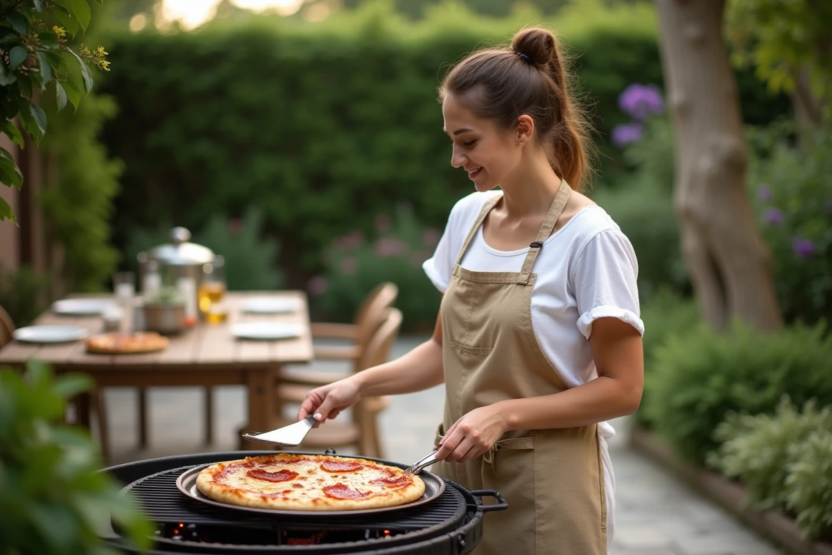 Femme en tablier cuisine une pizza sur le barbecue