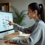 Femme en pull gris pointant un plan de site web structuré affiché sur un grand écran dans un bureau moderne