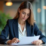 Femme d'affaires en banque regardant un document