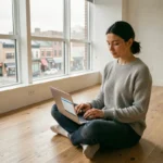 Femme consultant des annonces immobilières en ligne sur un ordinateur portable dans un appartement vide