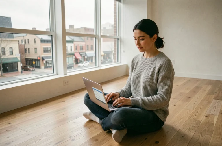 Femme consultant des annonces immobilières en ligne sur un ordinateur portable dans un appartement vide