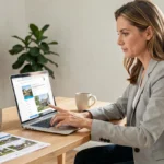 Femme consultant un sitemap immobilier sur ordinateur portable dans un bureau à domicile