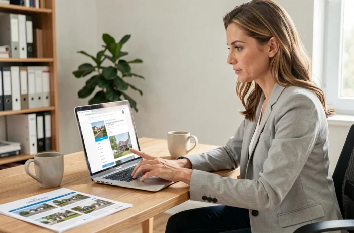 Femme consultant un sitemap immobilier sur ordinateur portable dans un bureau à domicile