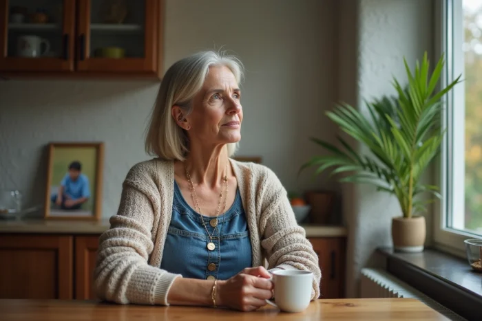 Femme réfléchie dans une maison chaleureuse