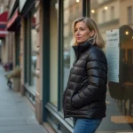Femme réfléchie devant une boutique fermée en ville