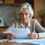 Femme d'âge moyen examine des documents fiscaux à la maison