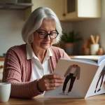 Femme senior feuilletant un catalogue Damart à la table de cuisine avec une tasse de café