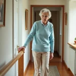 Femme senior se tenant au support dans un couloir lumineux