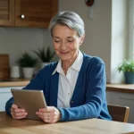 Femme senior utilisant une tablette dans une cuisine moderne