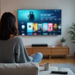 Femme utilisant un service VOD sur smart TV dans un salon moderne et cosy