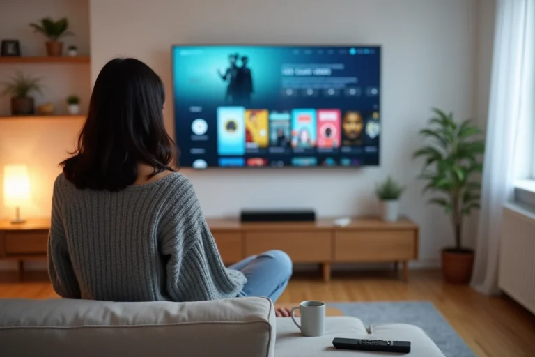 Femme utilisant un service VOD sur smart TV dans un salon moderne et cosy