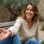 Femme souriante tendant la main dans un jardin méditerranéen