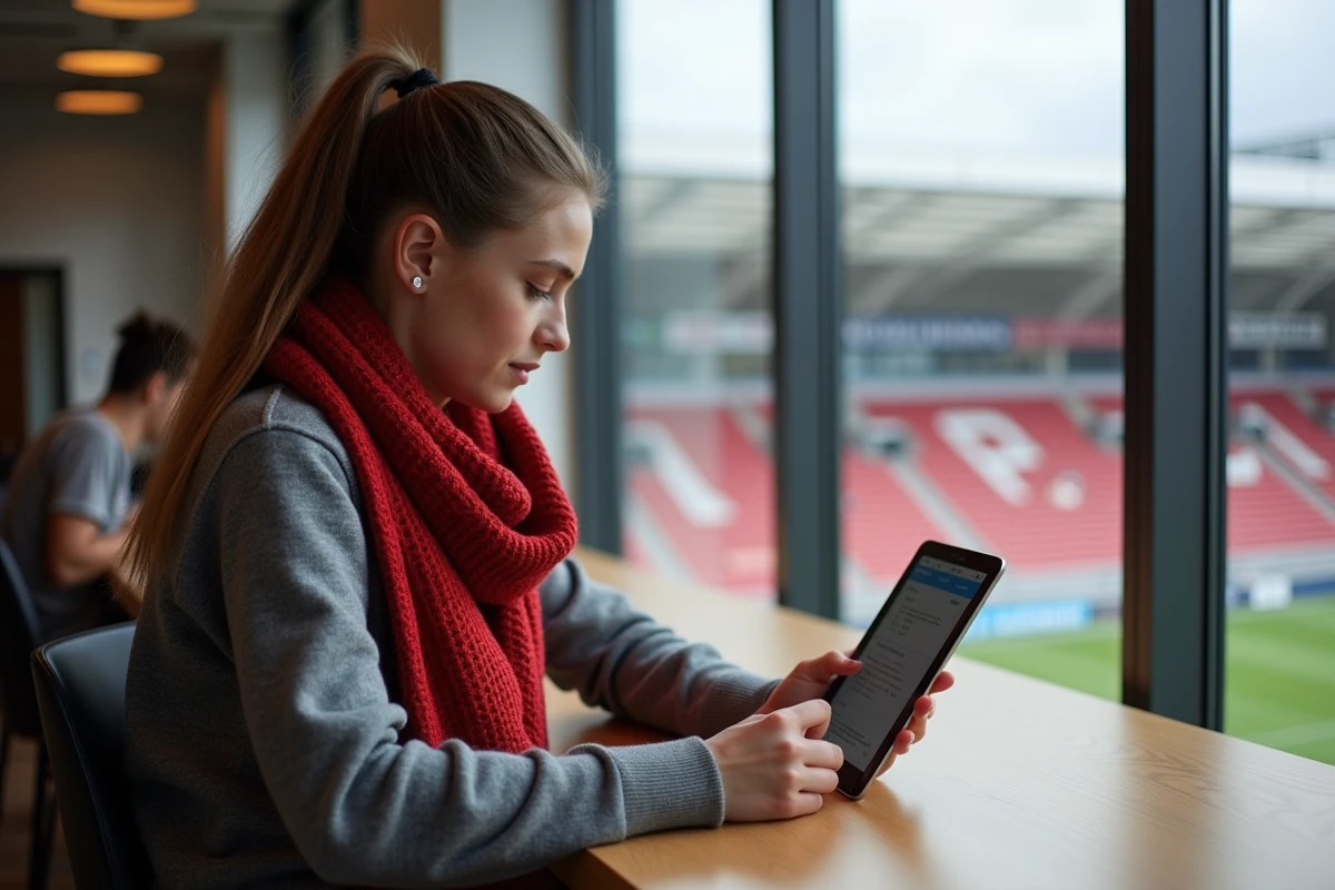 Young woman looking at stadium plan on tablet