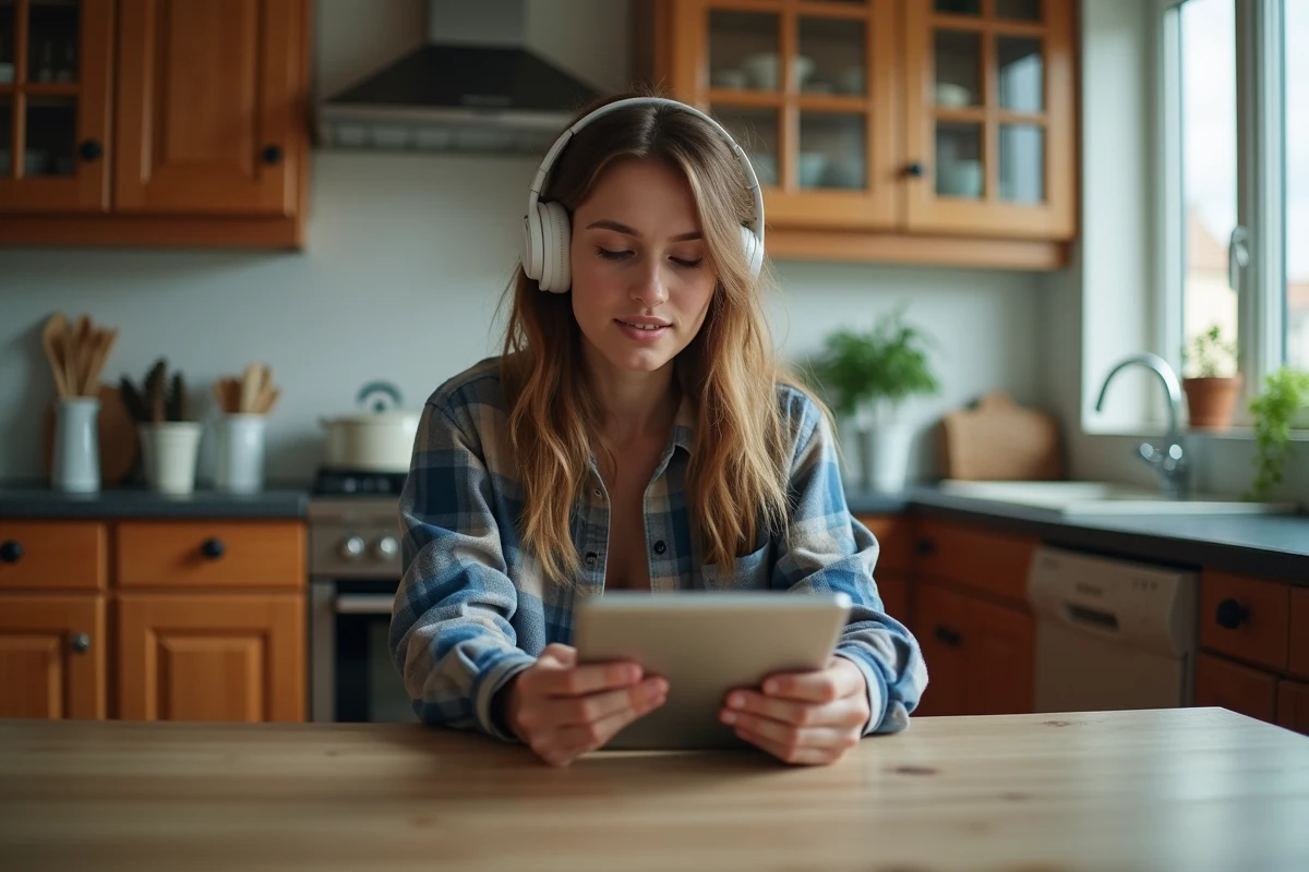 Femme jeune utilisant une tablette dans une cuisine chaleureuse
