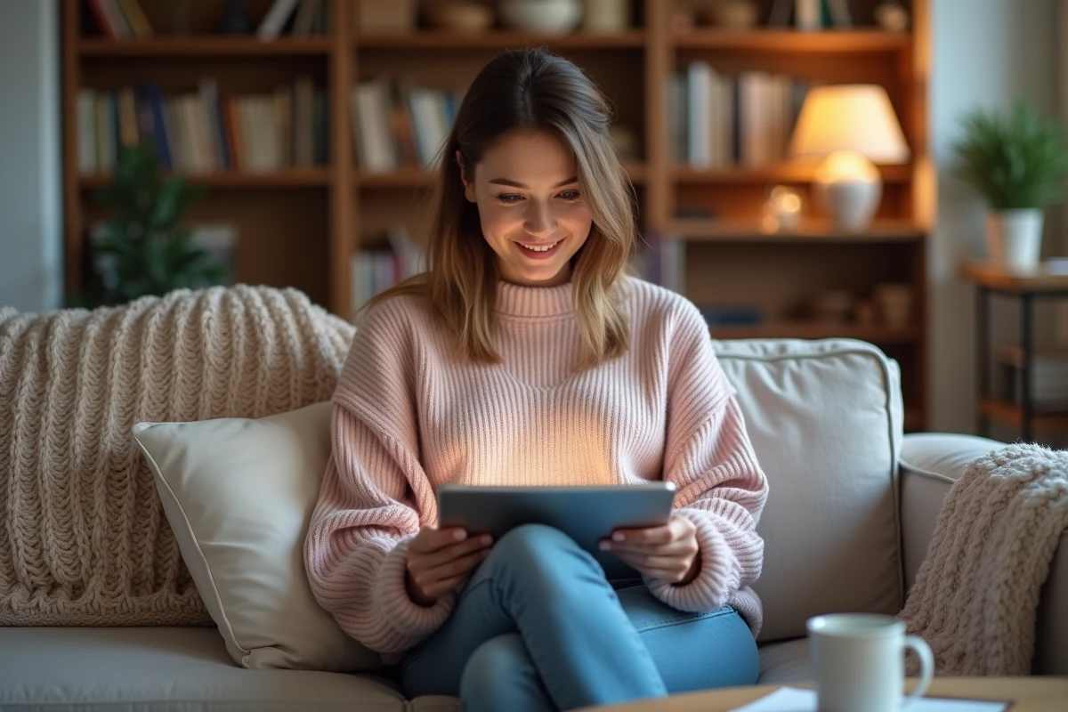 Femme utilisant une tablette pour explorer X Anima à la maison