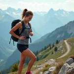 Femme en trail en montagne avec GPS et paysage alpin