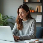 Jeune femme lisant les actualites sur son ordinateur dans un bureau moderne