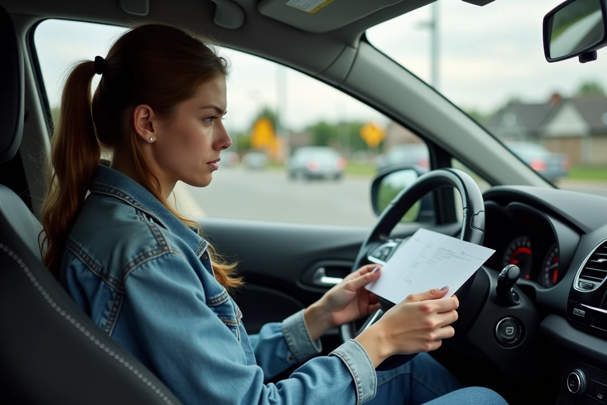 Jeune femme dans une voiture regardant une contravention