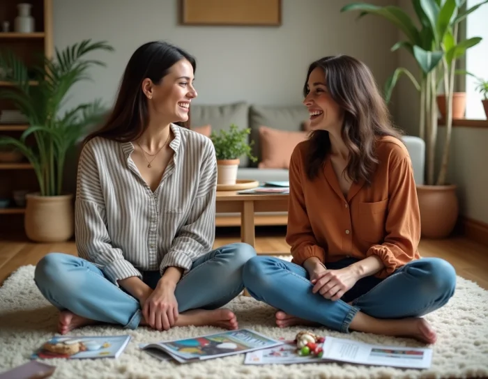 Deux femmes partageant des idées créatives entourées de magazines et de matériel de bricolage dans un salon convivial, évoquant la découverte et l'inspiration au quotidien