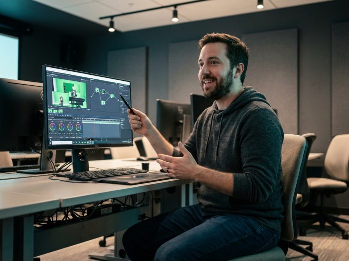 Formateur en effets visuels numériques expliquant une technique de compositing sur logiciel dans une salle de formation
