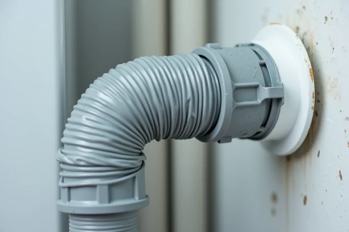 Gros plan sur les deux tuyaux d'évacuation d'un lave-linge sèche-linge raccordés à la canalisation murale