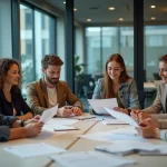 Groupe d'acteurs en réunion de travail dans un bureau moderne