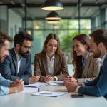 Groupe de collègues en réunion dans un open space moderne