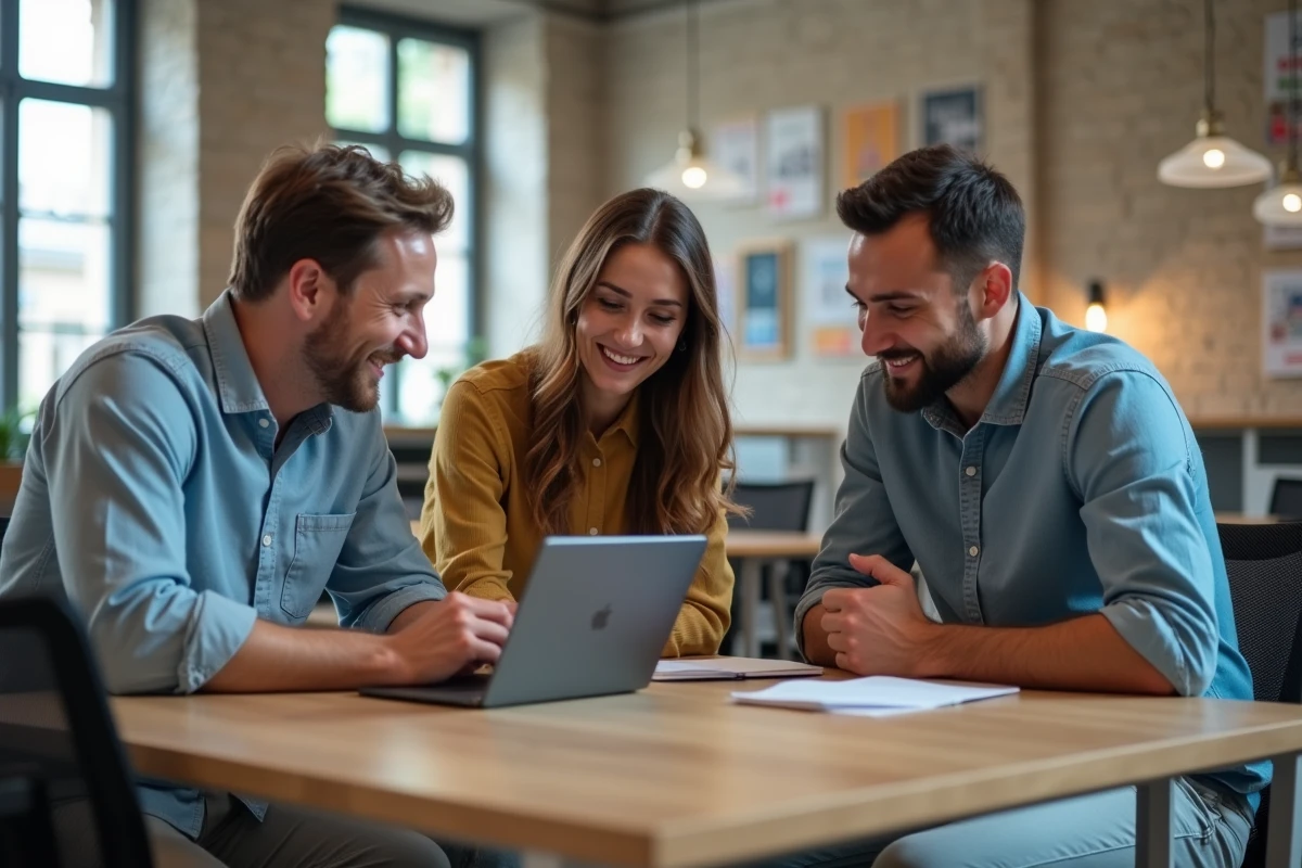 Groupe de collègues discutant projet PHP dans un espace coworking