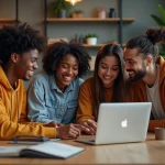 Groupe de jeunes adultes discutant autour d'un ordinateur pour X Anima
