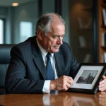 Homme d'affaires en costume regardant une photo souvenir