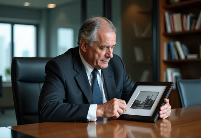 Homme d'affaires en costume regardant une photo souvenir
