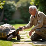 Homme âgé caressant une tortue dans un jardin ensoleille