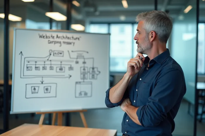 Homme d'affaires analysant un schéma de navigation web dessiné sur un tableau blanc en salle de réunion