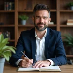Homme en blazer blanc dans un bureau chaleureux