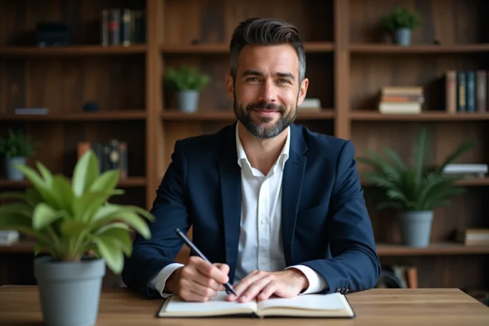 Homme en blazer blanc dans un bureau chaleureux