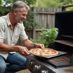 Homme en short et chemise en lin cuisine au barbecue