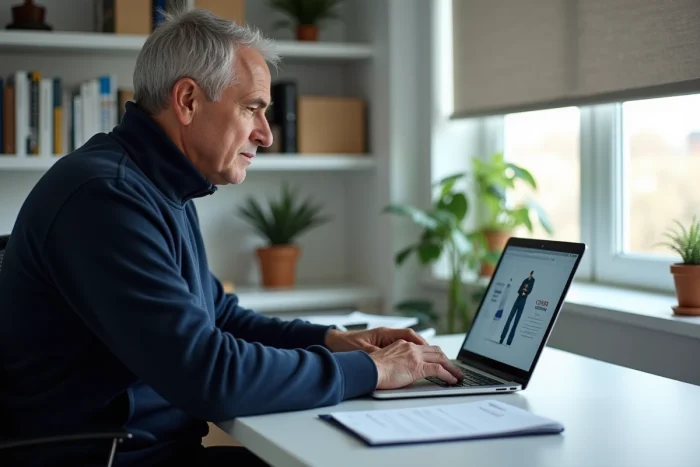 Homme mature commandant sur le catalogue Damart en ligne depuis son bureau à domicile